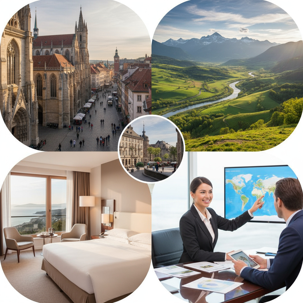 Reise-Collage: Stadt, Natur, Hotel & Beratung